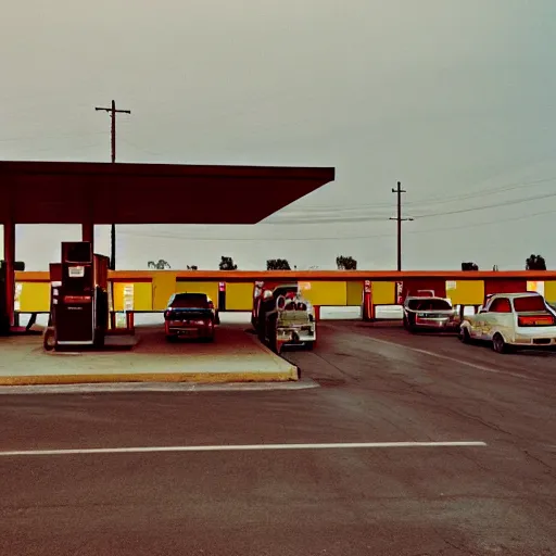 Prompt: A gas station in a highway in country side, realistic shot, William Eggleston style