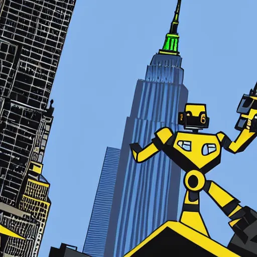 Prompt: An antropomorphic robot with a gun climbs to the empire state building, cartoon, 2D