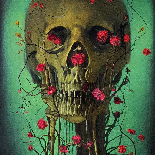 Prompt: 'Life from death' A beautiful detailed aesthetic horror portrait painting depicting 'A skeleton with vines and flowers growing all over it, birds and bees flying all around it' by Odilon Redon, Trending on cgsociety artstation, 8k, masterpiece, cinematic lighting.