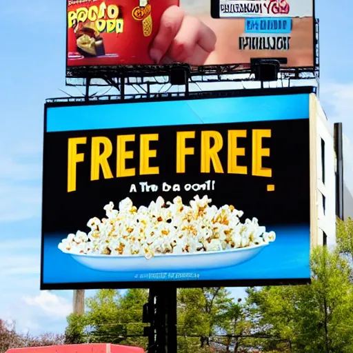 Prompt: a billboard that says free popcorn