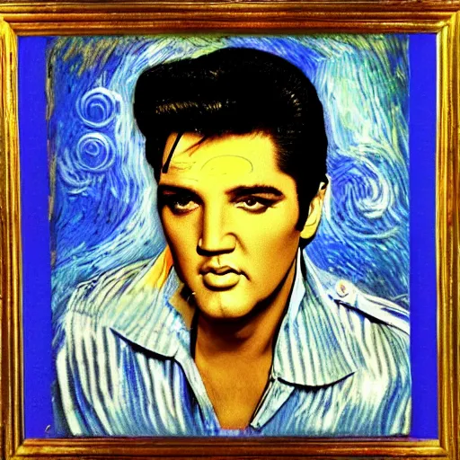 Image similar to an artistic portrait of elvis presley, dreamlike, romantic, high quality, studio photography, colorful, hero, heroic, beautiful, in the style of vincent van gogh