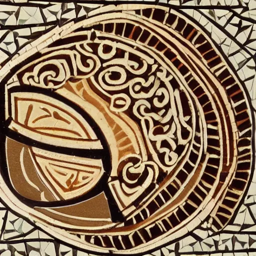 Prompt: a modern cup of steaming hot coffee. seen from the side. in the style of an old greek mosaic. intricate design.