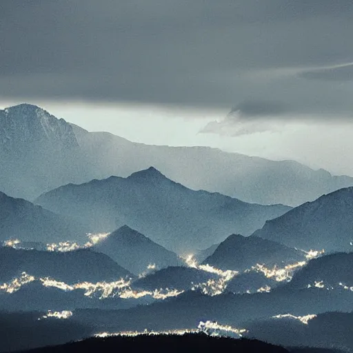 Prompt: silhouette of mountains made of light!!! bright cloudy sky, art photograph