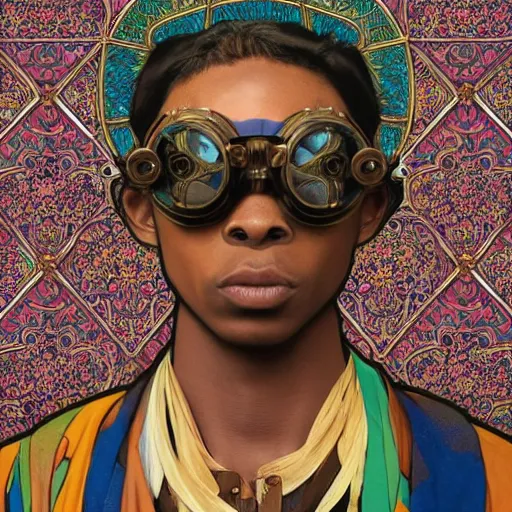 Image similar to colourful vfx upper half - portrait - art of a nigerian boywearing steam punk goggles, art by utagawa kunisada, james jean & alphonse mucha, symmetrical, intricate detail, concept art, volumetric light, ray tracing, caricature, digital illustration, octane 3 d render, unreal engine, sharp, pinterest, behance, art station,