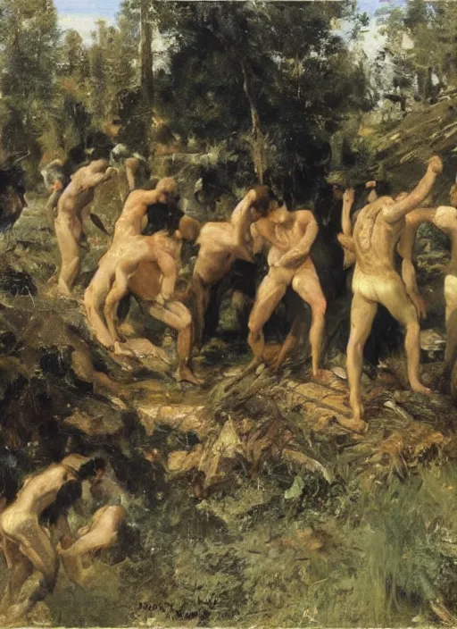 Image similar to artwork painting of the members of the mob dumping a body by eugene von guerard, ivan shishkin, john singer sargent