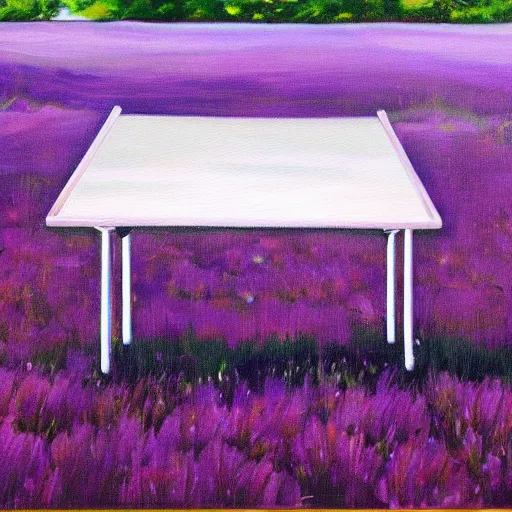 Image similar to realistic painting of a desk on a purple field