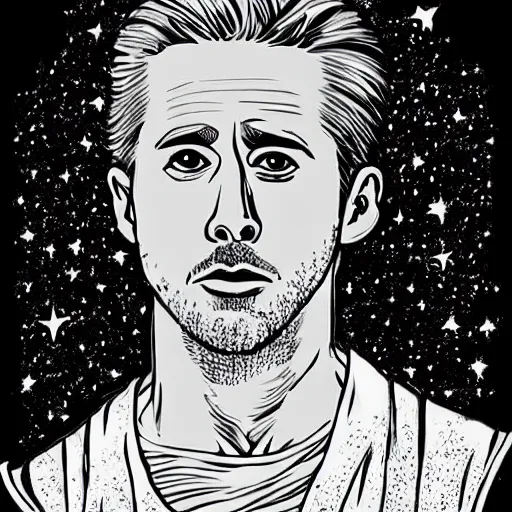 Image similar to black and white pen and ink!!!!!!! MAPPA designed Ryan Gosling wearing cosmic space robes made of stars final form flowing royal hair golden!!!! Vagabond!!!!!!!! floating magic swordsman!!!! glides through a beautiful!!!!!!! Camellia!!!! Tsubaki!!! flower!!!! battlefield dramatic esoteric!!!!!! Long hair flowing dancing illustrated in high detail!!!!!!!! by Moebius and Hiroya Oku!!!!!!!!! graphic novel published on 2049 award winning!!!! full body portrait!!!!! action exposition manga panel black and white Shonen Jump issue by David Lynch eraserhead and beautiful line art Hirohiko Araki!! Rossetti, Millais, Mucha, Jojo's Bizzare Adventure