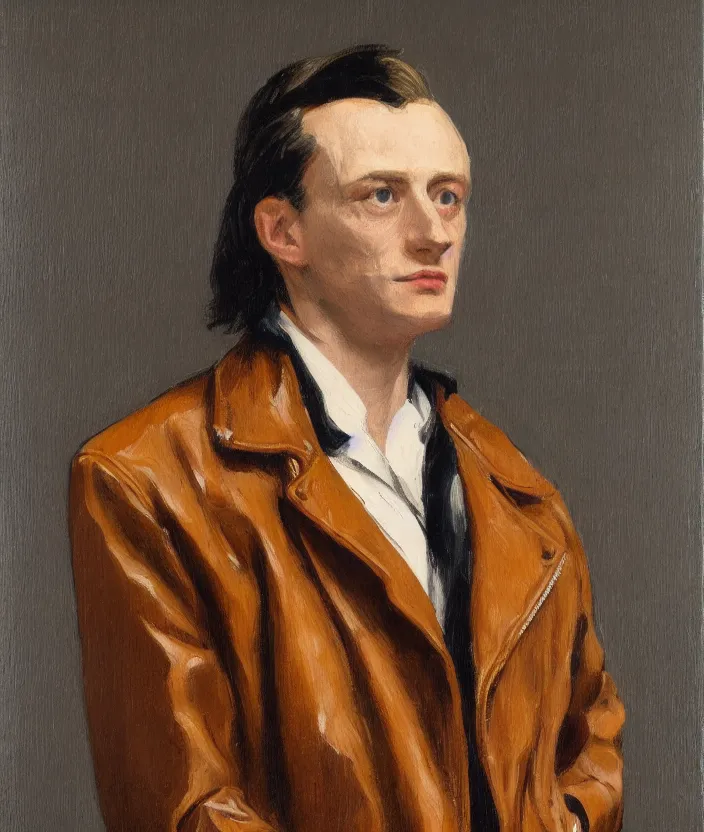 Image similar to a very detailed portrait of a man, wearing an 8 0 s jacket with big shoulder pads, very aesthetic leather jacket, detailed leather jacket, front view, in the style of edward hopper and oswald hornby joseph birley and susan ryder, very small brushstrokes, 4 k,