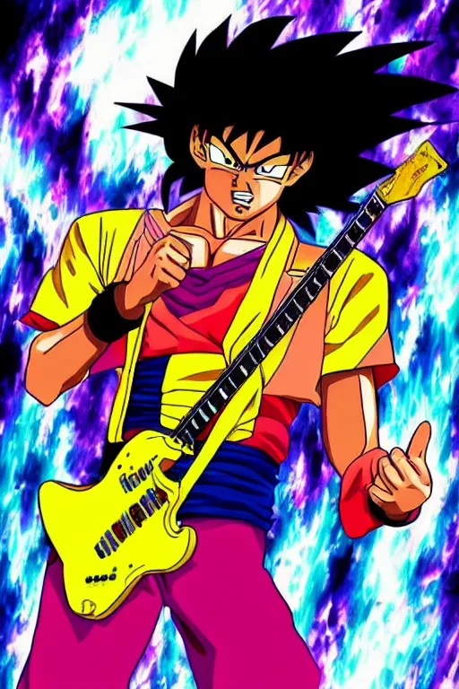 Prompt: jimi hendrix preforming in dragon ball z art style, anime art, epic, HD, cinematic