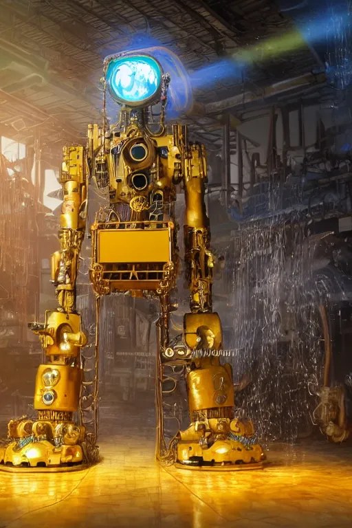 Image similar to portrait photo of a giant huge golden and blue metal humanoid steampunk robot cleaner robot, with gears tubes vaccuumcleaner, on the wet floor are mop and bucket, eyes are glowing red lightbulbs, shiny crisp finish, 3 d render, 8 k, insaneley detailed, fluorescent colors, background is multicolored lasershow