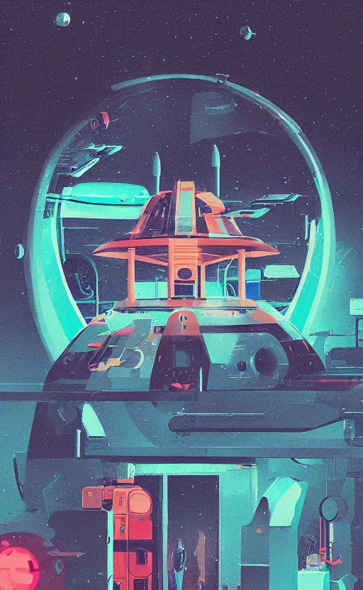 Prompt: spaceship in a gas station in space, sharp focus, james gilleard, sci - fi, print, risograph, cinematic, game art