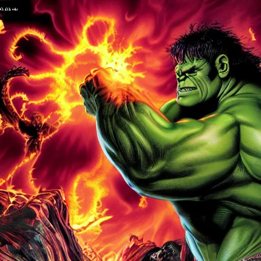 Prompt: The hulk in hell fighting Satan 4K detail
