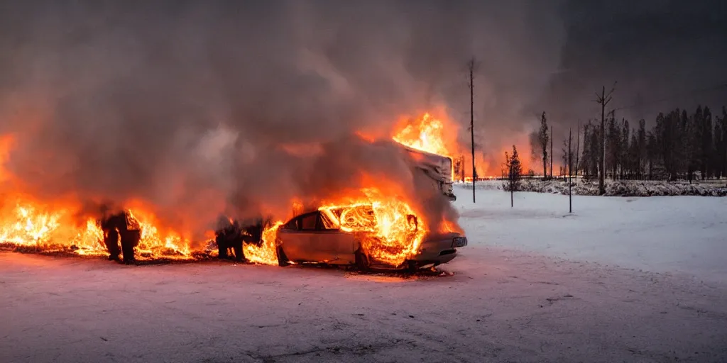 Prompt: depressing finnish rural town during winter, a burning car and people standing, movie still, david lynch film, low - key light, wide shot