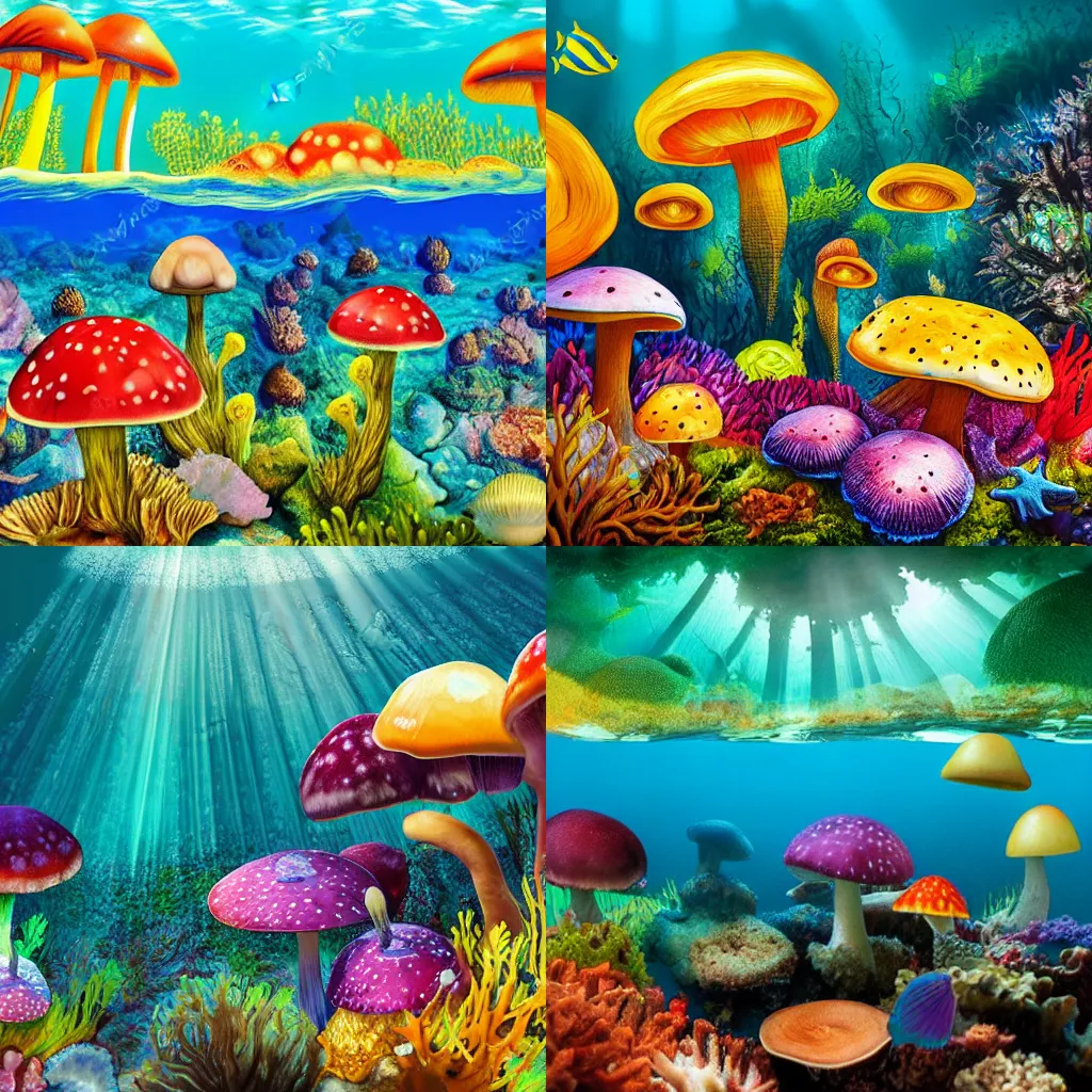 Prompt: underwater mushroom forest, colorful mushrooms, help in the background, sunrays shining down from the top, colorful nudibranchs crawling along the ocean floor, photorealistic
