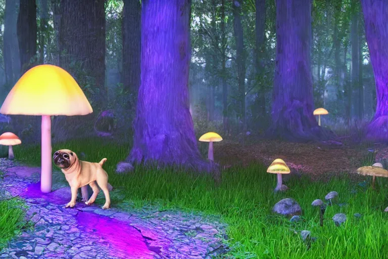 Prompt: A Pug walking in an enchanted fantasy forest. Glowing mushrooms. Colorful. Cinematic lighting. Photorealism.