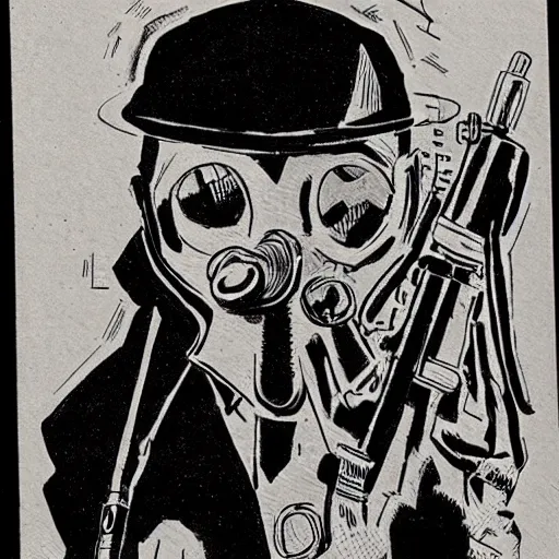 Image similar to concept art of a man with a gas mask and a hunting rifle, by steve ditko, insanely detailed