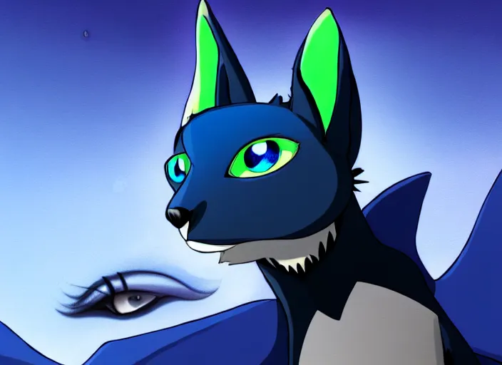 Image similar to a blue - and - black male catbat fursona with blue / green heterochromatic eyes ( differently - colored eyes, one eye green, one eye blue ) and huge bat ears, photo of the catbat streaming on his computer