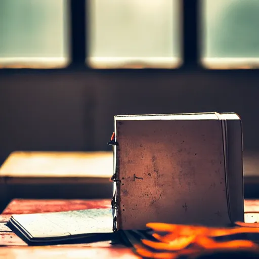 Image similar to highly detailed close up photo of an old worn notebook on wooden table, old table, feather pen, light coming out of near window, moody lighting, dim atmosphere, dust in air