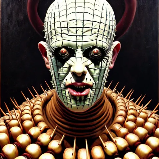 Image similar to portrait of pinhead from hellraiser. demonic cenobite. oil painting by lucian freud. path traced, highly detailed, high quality, j. c. leyendecker, drew struzan tomasz alen kopera, peter mohrbacher, donato giancola