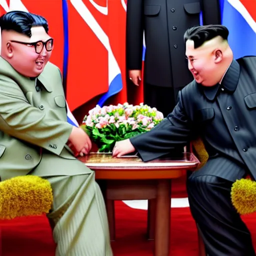 Prompt: photorealistic image of a meeting between kim jong un anf paul pot