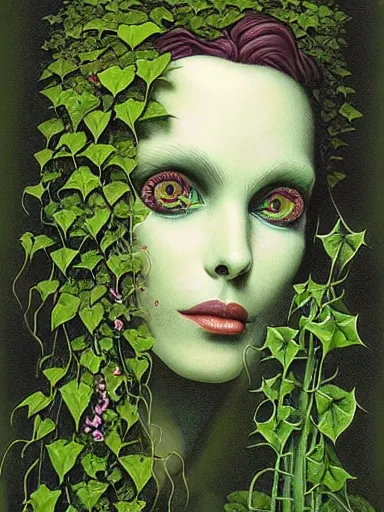 Prompt: The Hanging-Gardens of Pareidolia, lobelia, ivy, verbena and pothos growing facial features and optical-illusions, aesthetic!!!!!!!!!!, by Chris Tulloch McCabe in the style of Gerald Brom,
