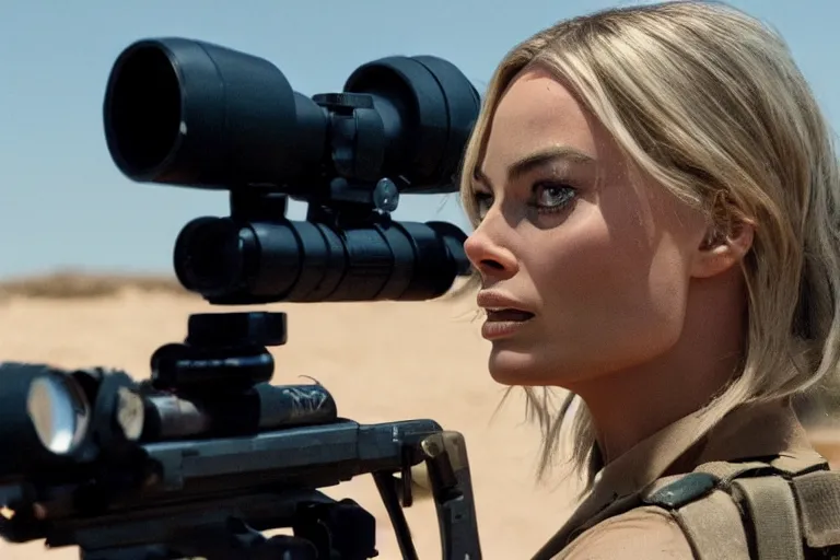 Prompt: margot robbie in the american sniper, closeup action shot, looking into the scope, cinematic