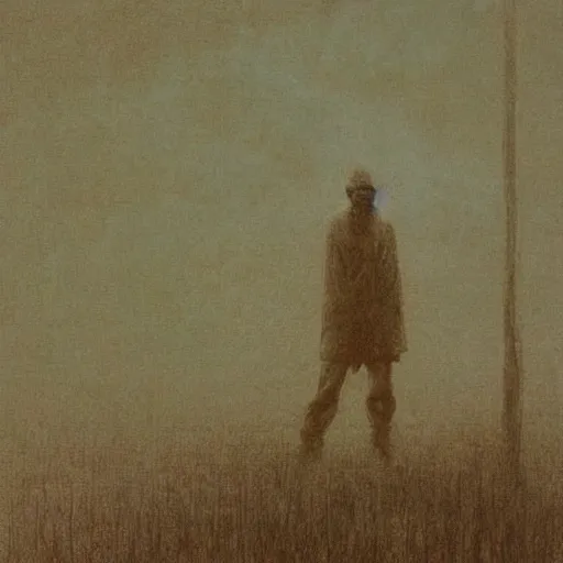 Prompt: surrealist painting, closeup of a lonely man curled up and enveloped by smoke, on a snowy post apocalyptic field, painting by beksinski