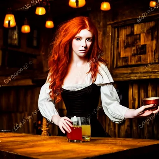 Image similar to beautiful bar maid with auburn hair and green eyes, in a medieval tavern at night, dramatic, cinematic, filmic