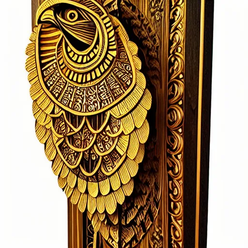 Image similar to gorgeous ornated wooden realistic detailed sacred falcon wall decoration with golden filigree led