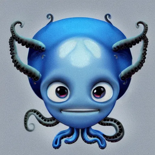 Prompt: character design of an adorable baby faced alien portrait with tentacles on the sides of it's mouth, blue, tiny horns