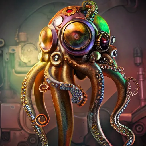 Prompt: steampunk octopus, portrait, robot, concept art, rim light, sharp focus, tilt shift, octane render, anime, highly detailed, colorful, iridescent