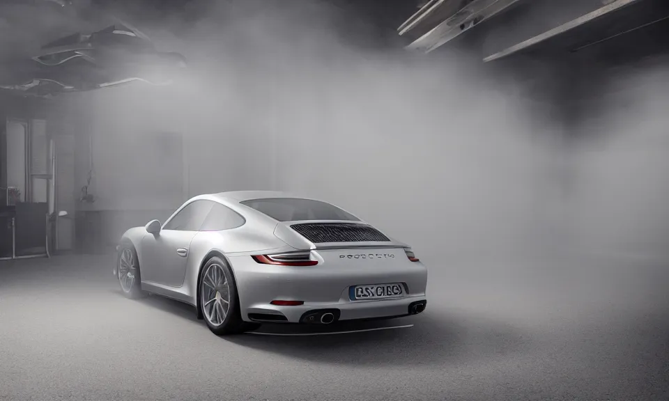 Prompt: photo of a porsche 911 standing in a garage, mist, volumetric light, cinematic lighting, octane render, 4k