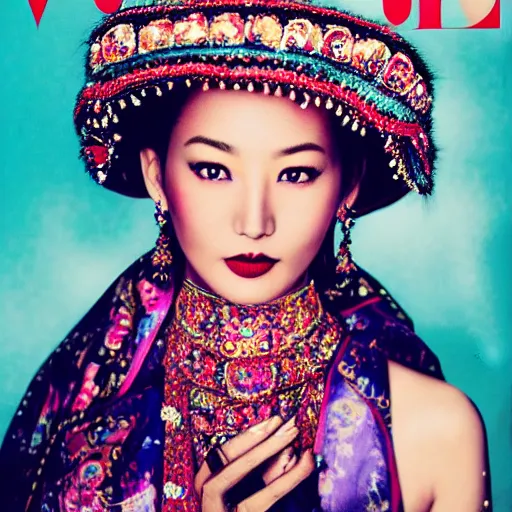 Image similar to a beautiful professional photograph by hamir sardar, herb ritts and ellen von unwerh for the cover of vogue magazine of a beautiful and unusually attractive tibetan female fashion model looking at the camera in a flirtatious way, zeiss 5 0 mm f 1. 8 lens