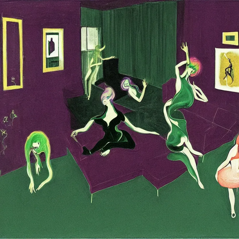 Image similar to Man and woman start to bounce in a living room of a house, floating dark energy surrounds the middle of the room. There is one living room plant to the side of the room, surrounded by a background of dark cyber mystic alchemical transmutation heavenless realm, dark emerald green magenta colors, cover artwork by francis bacon and Jenny seville, midnight hour, part by adrian ghenie, part by jeffrey smith, part by josan gonzales, part by norman rockwell, part by phil hale, part by kim dorland, artstation, highly detailed