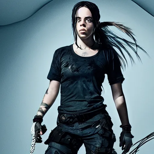 Prompt: Billie Eilish starring as Lara Croft, canon, Studio Lighting, movie poster, 4K