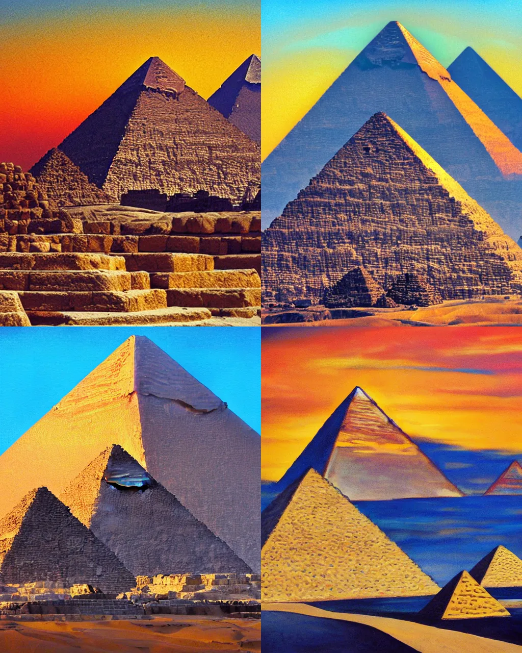 Prompt: great pyramids at giza, sunset, golden hour, acrylic, modernism,