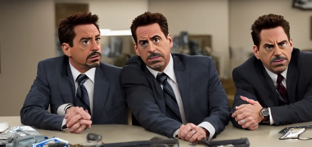 Image similar to a very high resolution image of tony stark and micheal scott. from an episode of the office. photorealistic, photography