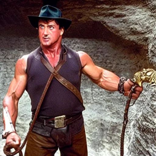 Prompt: sylvester stallone as indiana jones with a whip in his hand, holding a golden mayan skull, in a cave full of traps