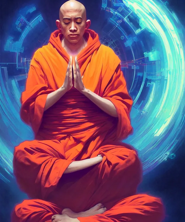 Image similar to a floating monk, meditating, wearing netrunner clothing, vaporwave aesthetic, colorful, psychedelic, digital painting, artstation, concept art, smooth, sharp focus, illustration, art by artgerm and greg rutkowski and alphonse mucha