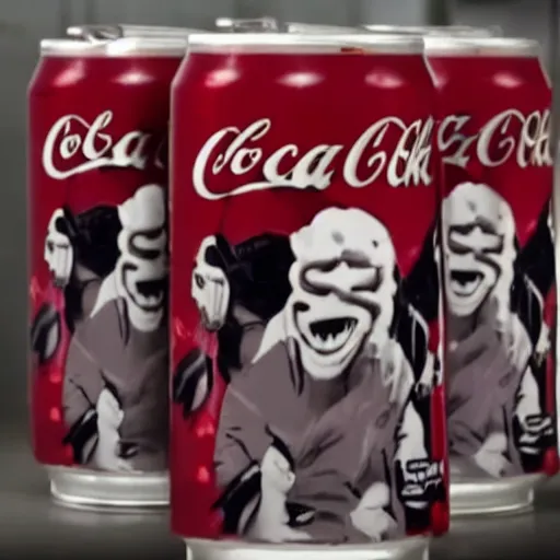 Image similar to a new can of coke with rick astley with slipknot in the can, commercial, ad, advertisment