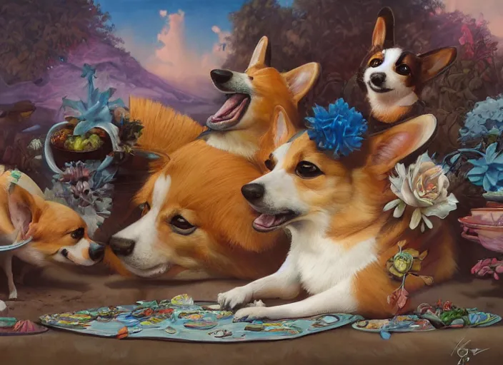 Image similar to beautiful painting of a corgi summer party, by Gerald Brom, James Jean, Krenz Cushart, Yuumei, Death Burger. trending on Artstation, 8k, masterpiece, graffiti paint, fine detail, full of color, intricate detail, golden ratio illustration