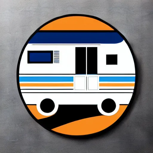 Prompt: very very very stylized minimal vector graphic of a thor chateau motorhome, highway, mountains and sunset!!, white background, all enclosed in a circle, dramatic, professional minimal graphic design cartoon, award winning