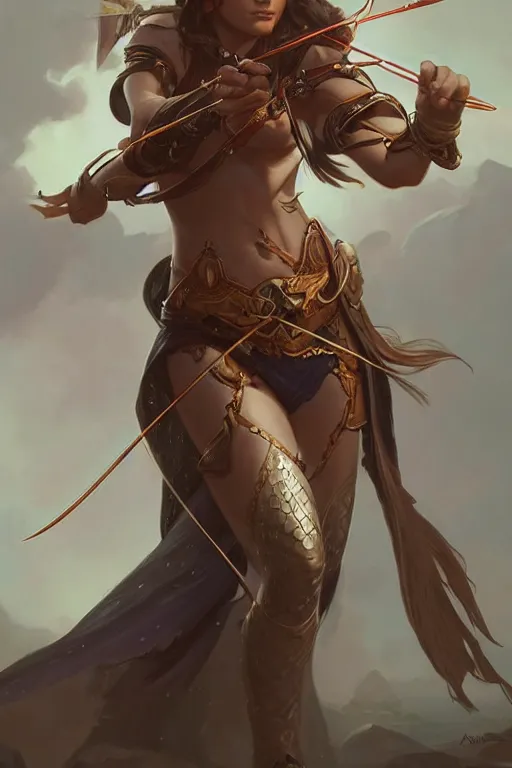 Prompt: beautiful female archer, full body shot, long hair, d & d, fantasy, intricate, elegant, highly detailed, digital painting, artstation, concept art, matte, sharp focus, illustration, hearthstone, art by artgerm and greg rutkowski and alphonse mucha