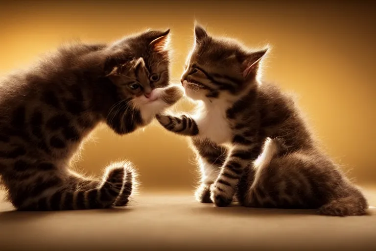 Image similar to A professional photo of two cute kittens play-fighting each other; cutest kittens ever; high-quality, dramatic lighting, extremely high detail, trending on artstation