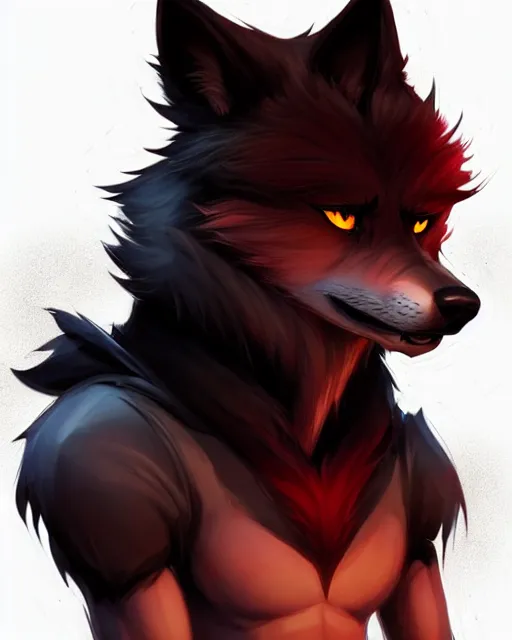 Prompt: character concept art of a black anthropomorphic furry male wolf with red hair | | handsome - fine - face, pretty face, key visual, realistic shaded perfect face, fine details by stanley artgerm lau, wlop, rossdraws, james jean, andrei riabovitchev, marc simonetti, and sakimichan, trending on artstation