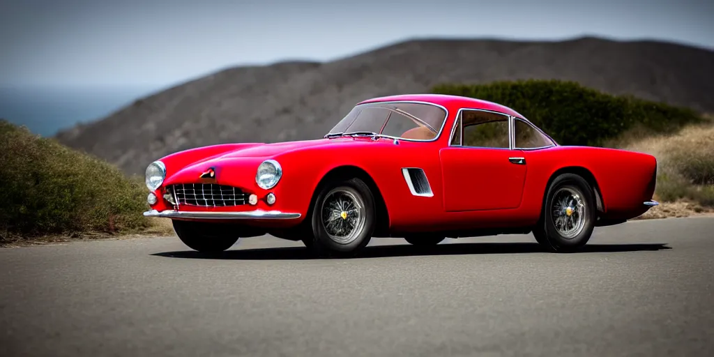 Prompt: photograph, 1958 FERRARI 250 GT, cinematic, PCH, NO badge, california coast, 8k, depth of field, bokeh.