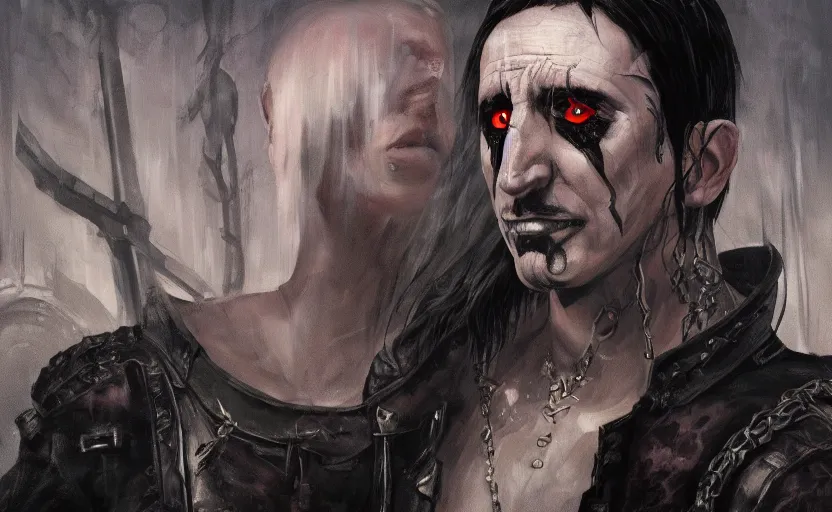 Prompt: an epic fantasy comic book style portrait painting of a very imposing industrial goth trent reznor in icarly, character design by mark ryden and pixar and hayao miyazaki, unreal 5, daz, hyperrealistic, octane render, cosplay, rpg portrait, dynamic lighting, intricate detail, cinematic