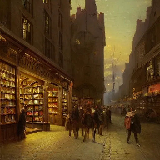 Image similar to Cornelis Springer and Richard Schmid and Willem Koekkoek victorian genre painting painting of an english 19th century english bookshop store front on a stone city streat with shops and stores at night with cozy lights