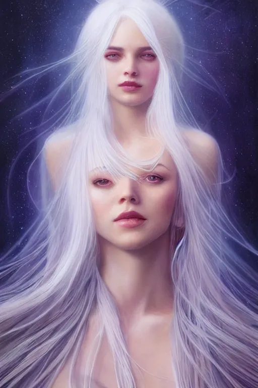 Image similar to portrait female holding crystal white hair glowing, blush, pleated skirt, flowing hair, slim face, elegant, terry moore, barclay shaw, karol bak, greg rutkowski