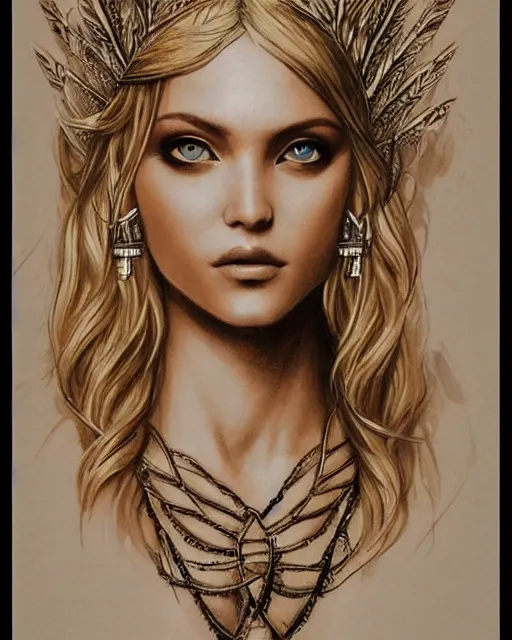 Image similar to tattoo sketch of hot blonde super model as aphrodite the greek goddess wearing a gold laurel wreath and triangle earrings, beautiful piercing gaze with sharp pupils, in the style of greg rutkowski, fantasy, amazing detail, epic, elegant, smooth, sharp focus, front view